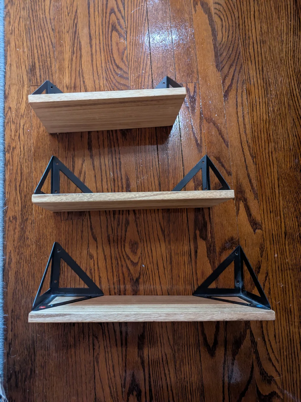 Wood and Black Metal Triangle Bracket Wall Shelves - Set of 3